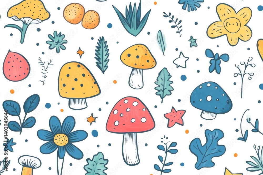 Whimsical Hand Drawn Seamless Pattern Colorful Mushrooms Flowers Leaves Whimsical Hand Drawn Seamless Pattern Colorful Mushrooms Flowers Leaves