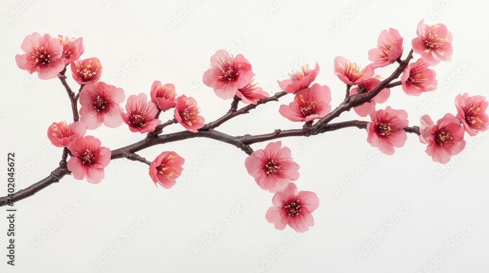 Pink blossoms bloom on a branch, petals detailed against white backdrop. Use it for springtime cards, floral backgrounds, or feminine designs. Pink blossoms bloom on a branch, petals detailed against white backdrop. Use it for springtime cards, floral backgrounds, or feminine designs.