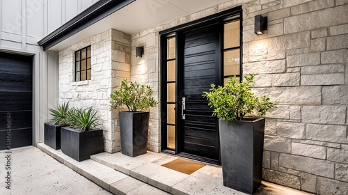 A modern home entrance featuring a blackened wooden door with white limestone stone accents