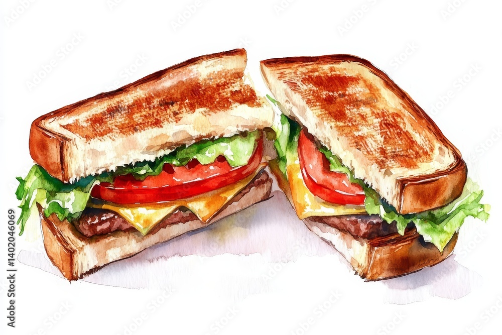 Delicious Toasted Sandwich - A watercolor painting of a toasted sandwich cut in half, showing melted cheese, tomato, and lettuce filling Delicious Toasted Sandwich - A watercolor painting of a toasted sandwich cut in half, showing melted cheese, tomato, and lettuce filling