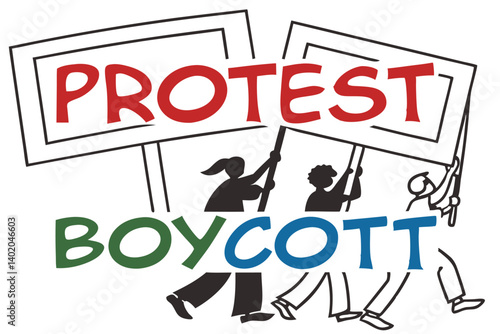 39 Protest signs, boycott placards, multiple colors, red green blue, rectangular signs, overlapping text, crowded composition, graphic design style, vectorized illustration, social activism concept, b