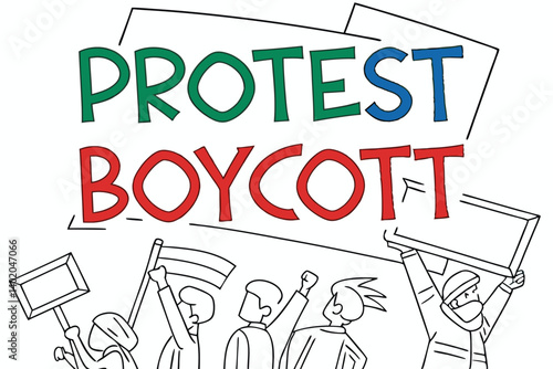 39 Protest signs, boycott placards, multiple colors, red green blue, rectangular signs, overlapping text, crowded composition, graphic design style, vectorized illustration, social activism concept, b