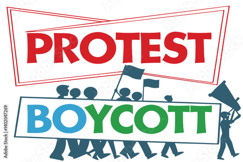 39 Protest signs, boycott placards, multiple colors, red green blue, rectangular signs, overlapping text, crowded composition, graphic design style, vectorized illustration, social activism concept, b