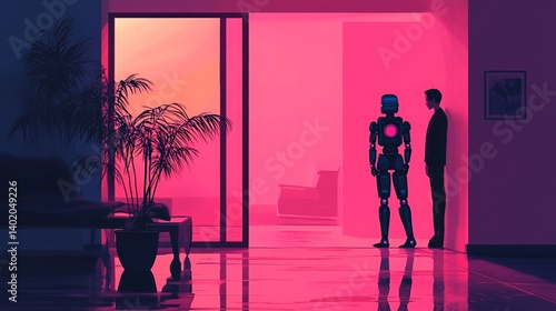 A humanoid robot and a man observing a colorful sunset in a modern living space.