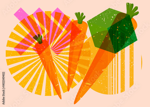 Risograph Carrot with geometric shapes. Objects in trendy riso graph print texture style design with geometry elements.