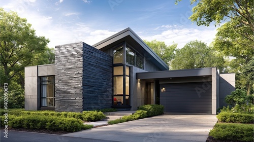 A modern house with a sleek triangular design, featuring expansive windows and an exterior wall made of dark gray stone for the garage entrance