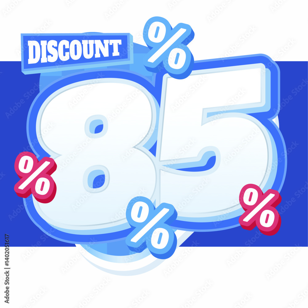 85% Discount Promotional Banner with Bold 3D White and Blue Numbers, Percentage Symbols, and Text on a Modern Background 85% Discount Promotional Banner with Bold 3D White and Blue Numbers, Percentage Symbols, and Text on a Modern Background