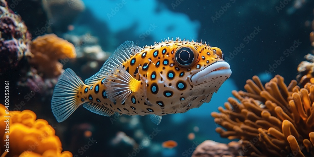 AI generated image of a puffer fish swimming in the sea near the coral reef AI generated image of a puffer fish swimming in the sea near the coral reef