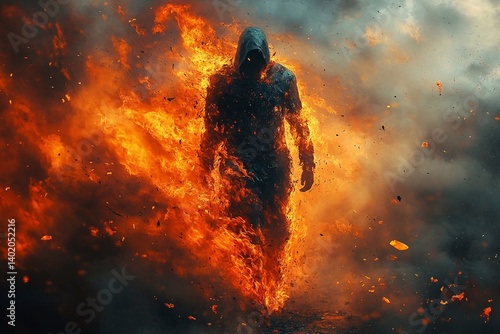 
A dark antihero with flames all over his body walks slowly forward, leaving a trail of scorched ash behind him.

