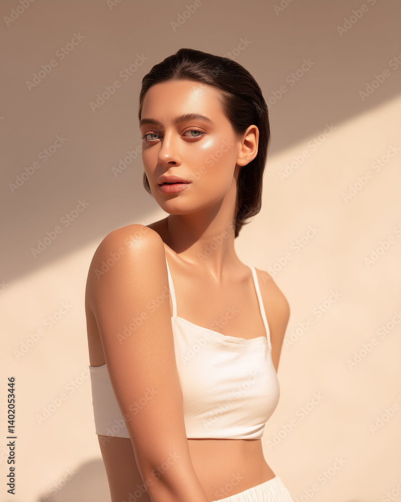 Obraz premium Beauty portrait of woman with glowing skin on beige background..