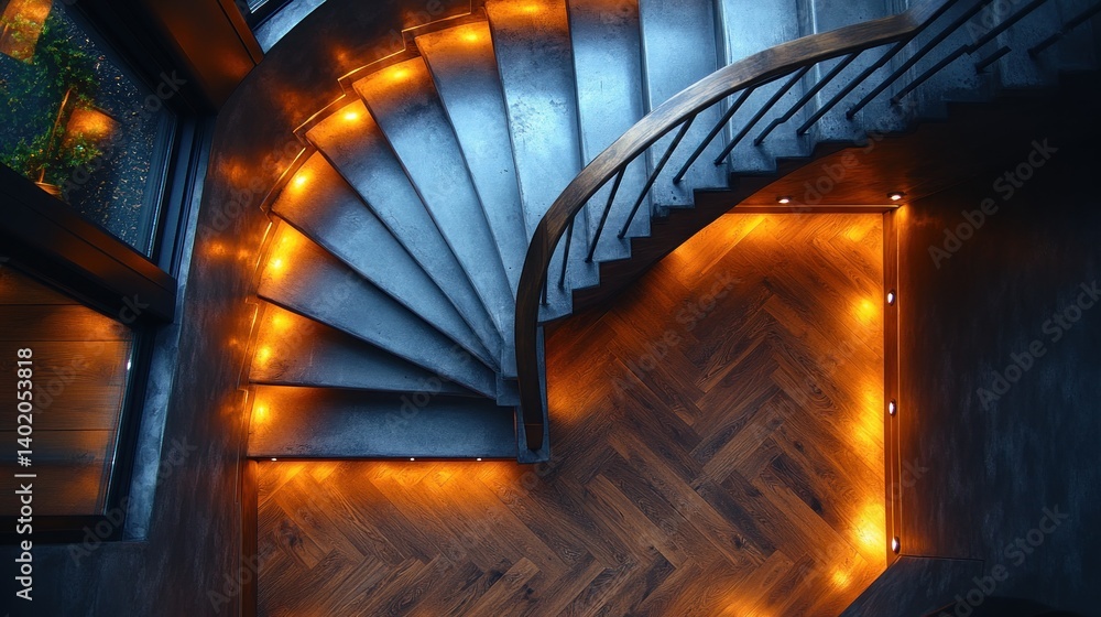 Naklejka premium Illuminated Spiral Staircase: A Modern Architectural Marvel