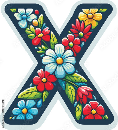 	
Doodle flower letter X. Floral element of colorful alphabet made from flower