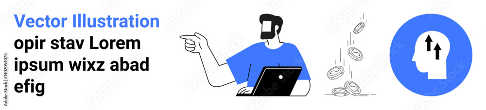 Person at laptop gesturing toward floating coins and a head with upward arrows in a blue circle. Ideal for finance, business growth, innovation, online learning, investment, tech, strategy, flat Person at laptop gesturing toward floating coins and a head with upward arrows in a blue circle. Ideal for finance, business growth, innovation, online learning, investment, tech, strategy, flat