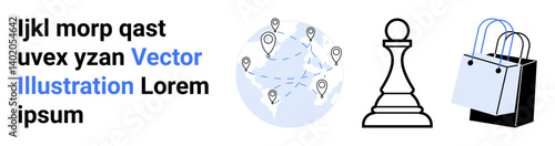 Globe with location pins for global reach, chess pawn symbolizing strategy, shopping bags for e-commerce. Ideal for business, strategy, globalization, logistics, marketing, retail flat landing page