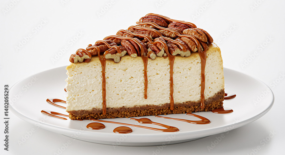 Beautiful slice of pecan cheesecake with drizzle, styled delicately for National Pecan Day dessert theme, white background bg Beautiful slice of pecan cheesecake with drizzle, styled delicately for National Pecan Day dessert theme, white background bg