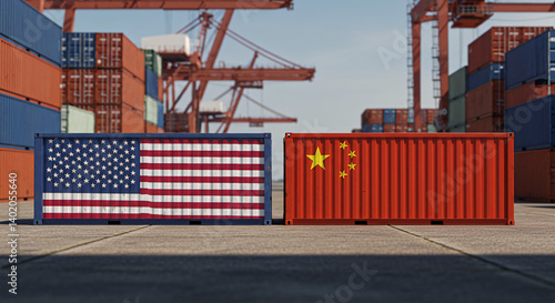 Cargo containers with US and China flags facing each other, symbolizing trade war and global economic rivalry in shipping yard