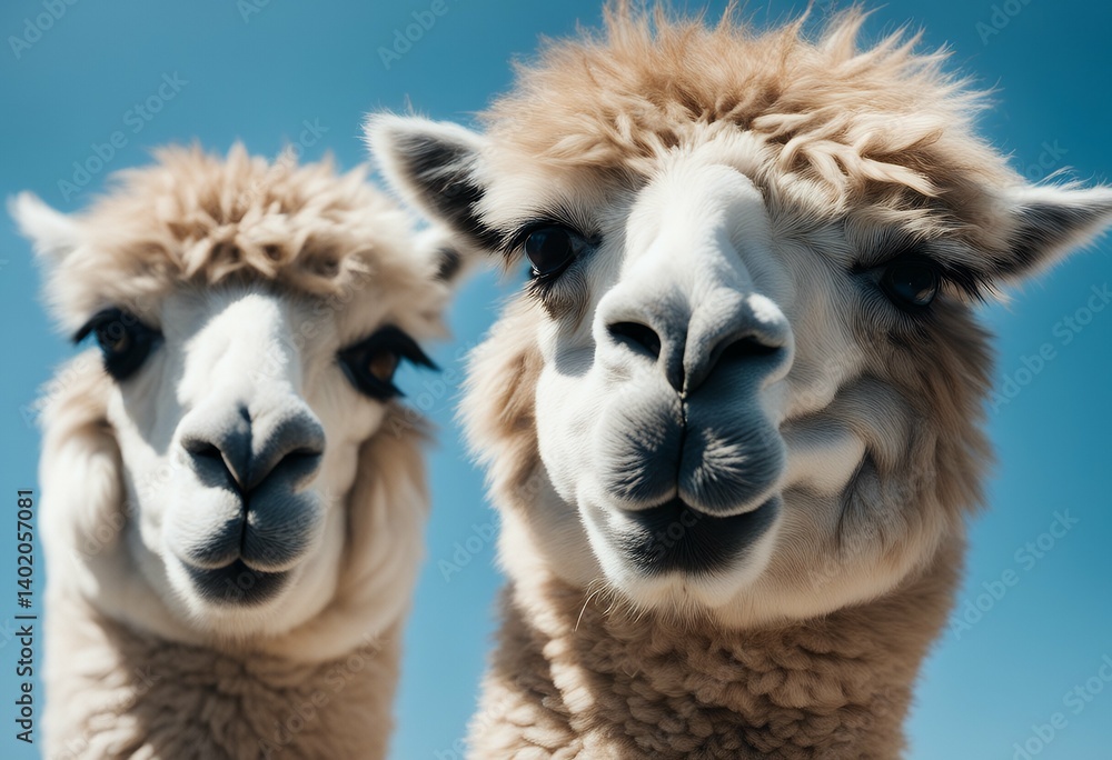 Fototapeta premium american background alpacas two sky camelid blue south funny smile exotic andes group fun snow head animal joke closeup face cute farm nature happy 2 chile humor comical holiday laugh winter alpaca