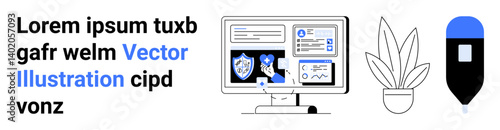 Computer screen displaying cybersecurity tools, shield icon, and data charts. Includes small plant and hanging air freshener. Ideal for data security, tech, office setup, business, analysis