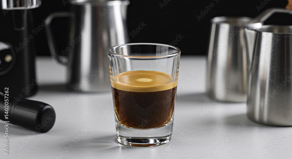 Freshly brewed espresso with crema layer in clear shot glass, surrounded by coffee tools, white background. Freshly brewed espresso with crema layer in clear shot glass, surrounded by coffee tools, white background.