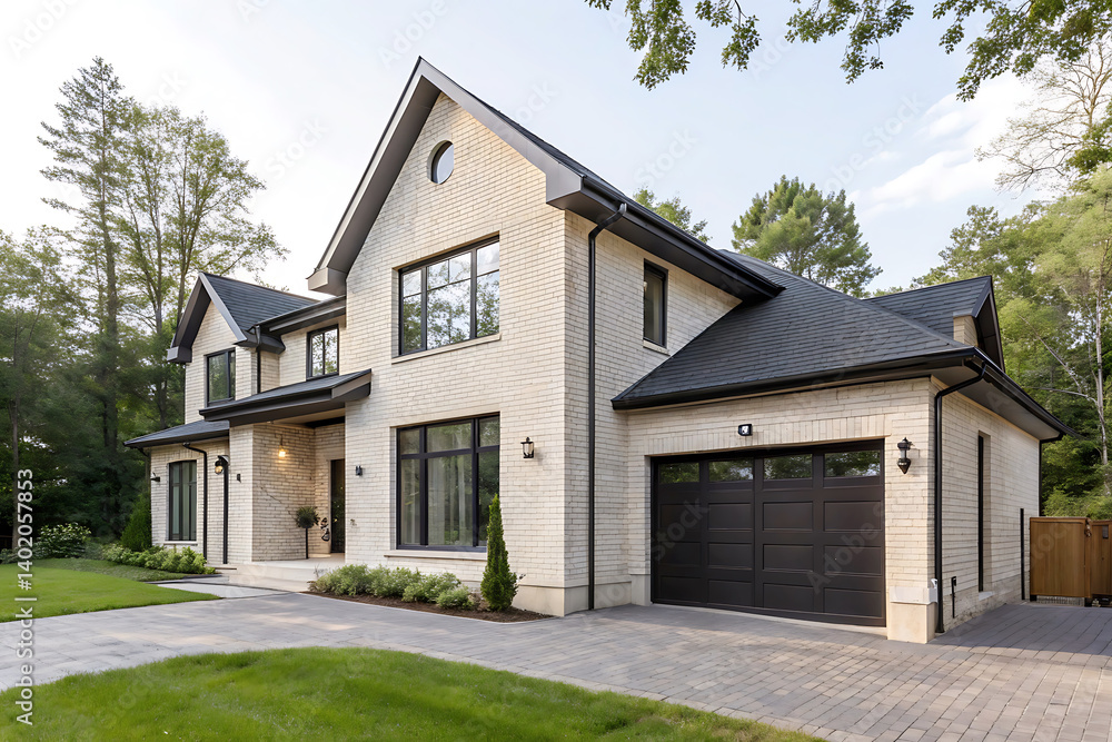 Modern Villa Exterior In Summer Luxury house exterior with brick and siding trim Modern Villa Exterior In Summer Luxury house exterior with brick and siding trim