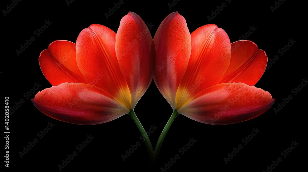 Vibrant red tulips in bloom, captivating closeup of nature's beauty two Vibrant red tulips in bloom, captivating closeup of nature's beauty two
