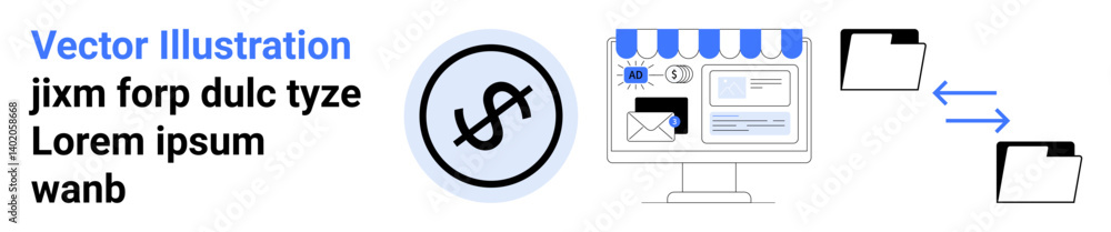 Dollar icon, online storefront on monitor, and folder exchange arrows. Ideal for e-commerce, data sharing, business growth, finance management, digital advertising, banking transactions simple Dollar icon, online storefront on monitor, and folder exchange arrows. Ideal for e-commerce, data sharing, business growth, finance management, digital advertising, banking transactions simple