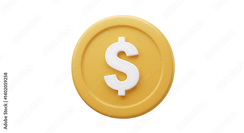 A minimalist 3D rendering of a gold coin featuring a prominent dollar sign A minimalist 3D rendering of a gold coin featuring a prominent dollar sign