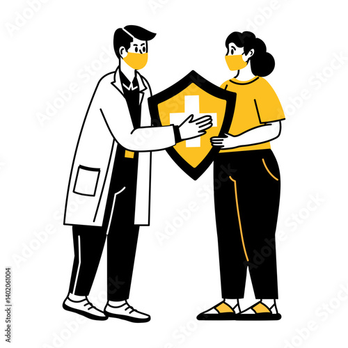 Two characters holding a protection shield depicting medical insurance, drawing illustration
