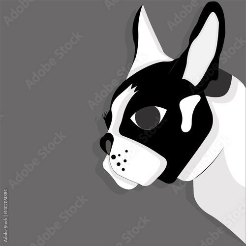 Minimalistic illustration of a French bulldog profile with a black and white muzzle on a gray background. Simple style with clear lines.