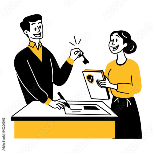 A character handover key to its owner, hand drawn illustration 
