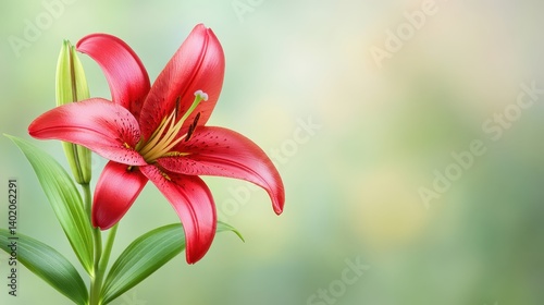 Closeup of a vibrant red lily flower with lush green leaves in garden setting
