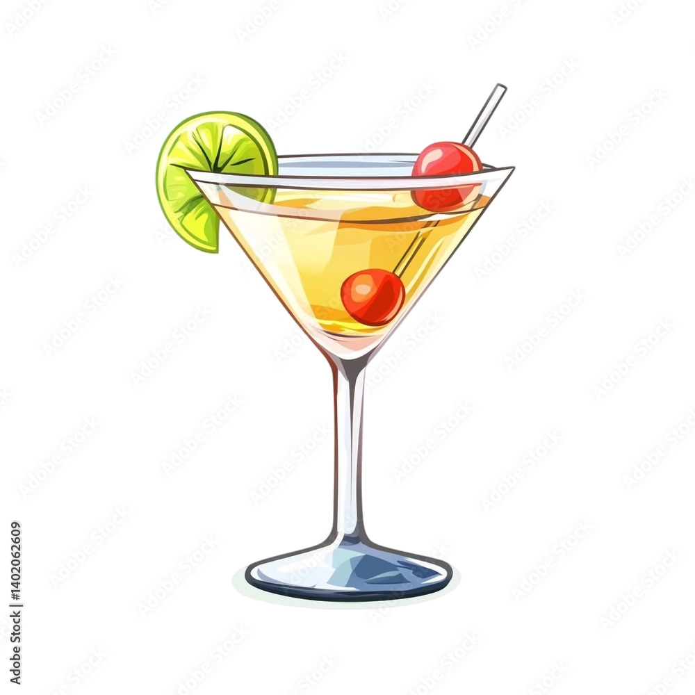 Refreshing yellow cocktail garnished with cherries and lime a delightful drink Refreshing yellow cocktail garnished with cherries and lime a delightful drink