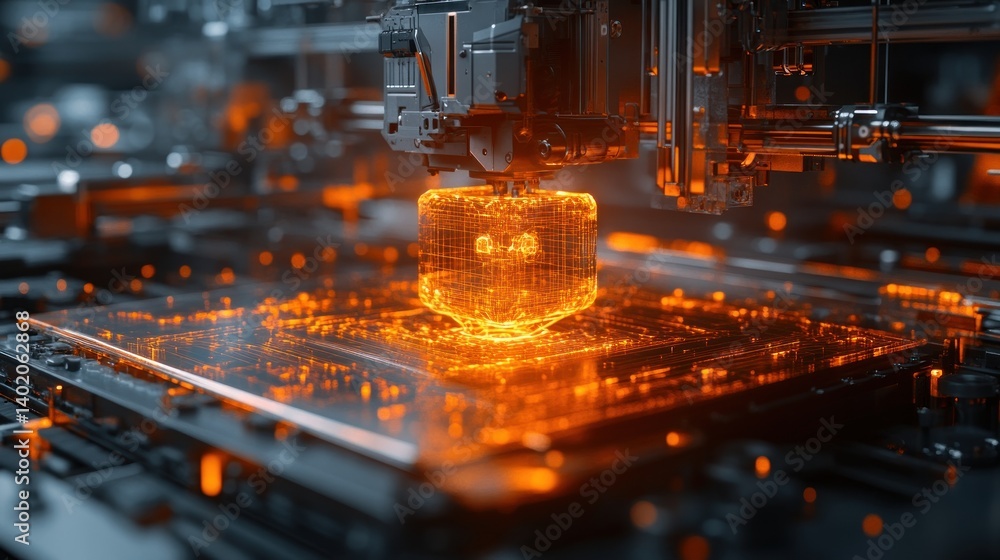 Futuristic 3D printer crafting glowing orange object Futuristic 3D printer crafting glowing orange object
