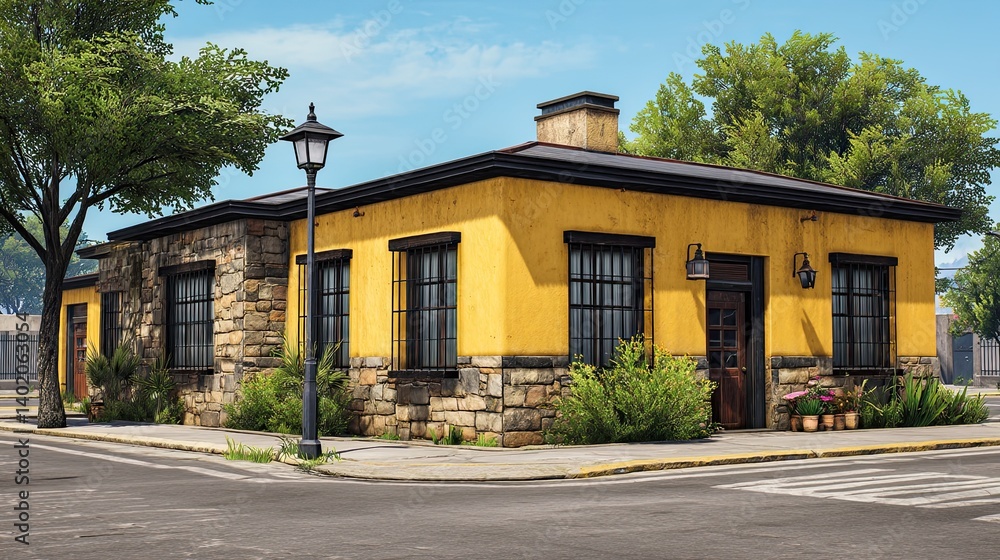A realistic photograph of a single-story house with bright yellow stone walls and dark brown wooden windows, located on a corner of a quiet street A realistic photograph of a single-story house with bright yellow stone walls and dark brown wooden windows, located on a corner of a quiet street