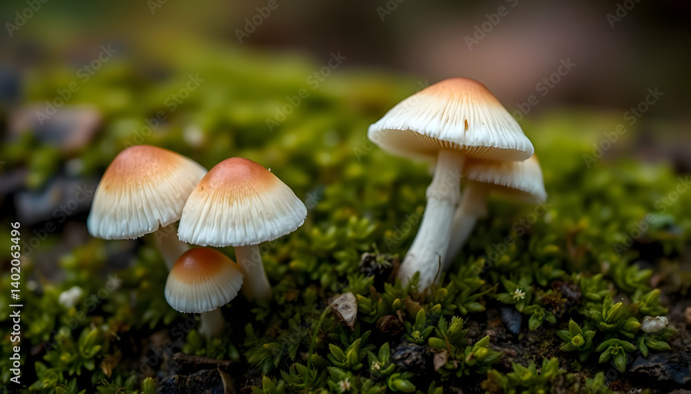 Closeup Of Small Mushrooms On Mossy Forest Floor Closeup Of Small Mushrooms On Mossy Forest Floor