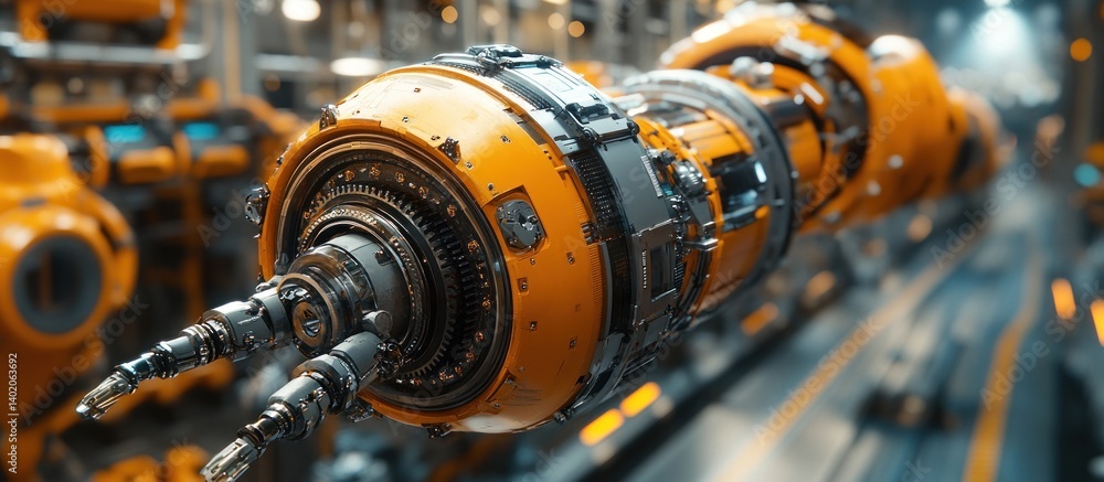 Obraz premium Futuristic orange robotic arm with intricate gears and mechanisms in a factory setting