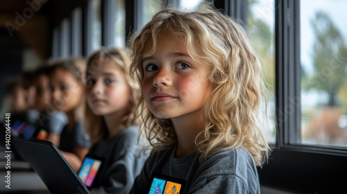 Young girl with curly blonde hair, thoughtfully looking aside, sits with other children using tablets near a window