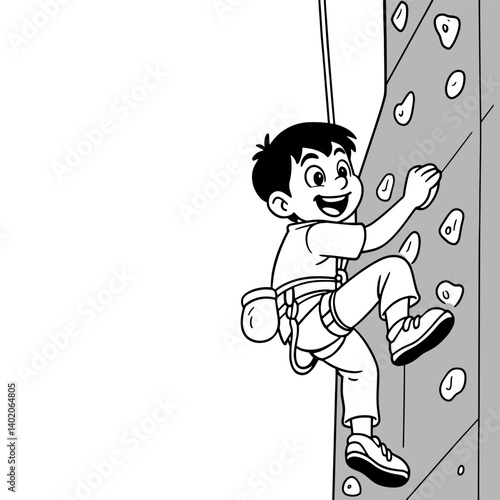 A cheerful young boy is actively rock climbing on an indoor textured wall, reaching for a hold with a big smile. Outline illustration.