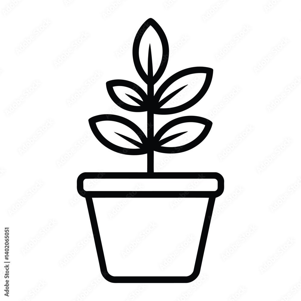 Fototapeta premium Plant Pot Line Art, Silhouette, Vector, Icon, Logo, White Background.