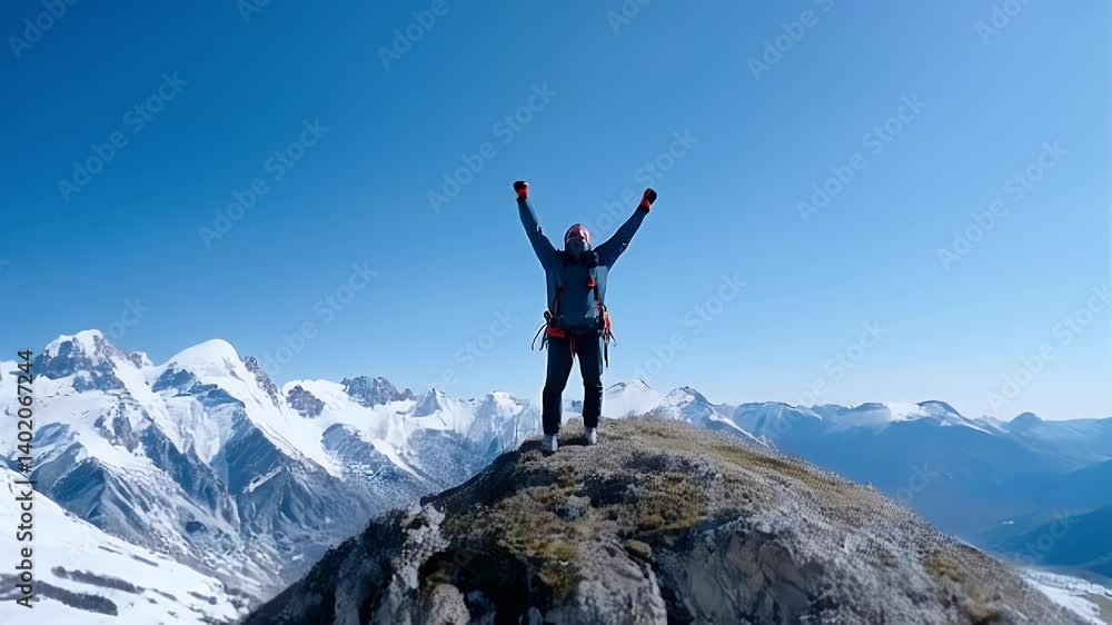 Triumphant Hiker on Snowy Mountain Peak under Blue Sky Triumphant Hiker on Snowy Mountain Peak under Blue Sky