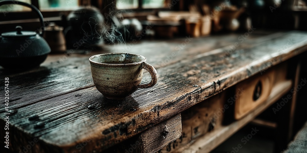 AI generated image of a coffee cup sitting on an old wooden table AI generated image of a coffee cup sitting on an old wooden table