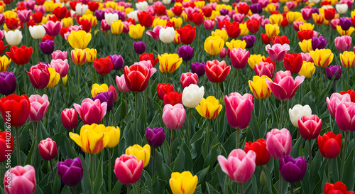 Colorful Tulip Garden Background in Spring Light