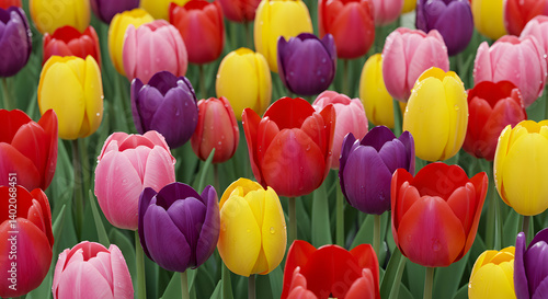 Colorful Tulip Field Background in Soft Morning Light
