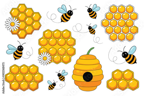 Cartoon illustration of bees, honeycombs and flowers in a summer scene.