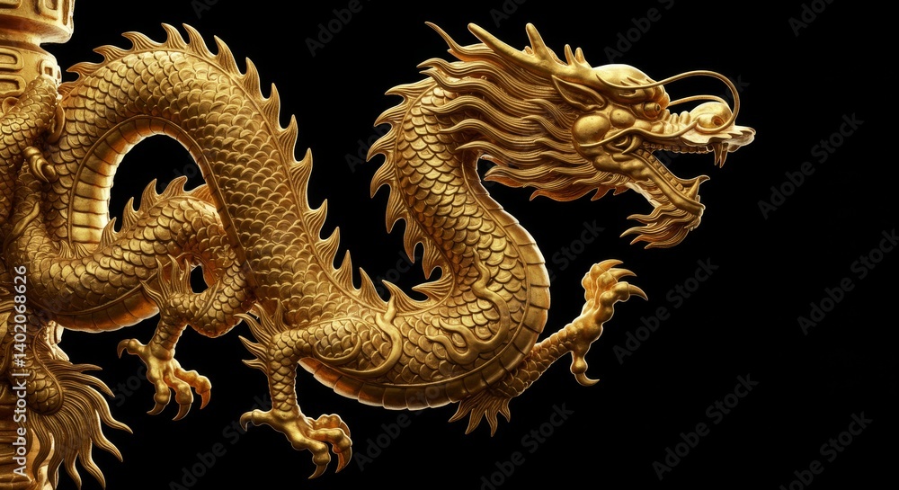 Obraz premium Golden Dragon Statue Decorative Art - Majestic golden dragon, symbol of power, good fortune, strength, wisdom, and prosperity. A decorative art piece