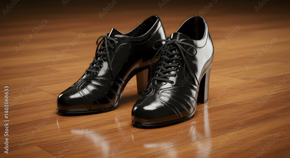 Stylish black high-heeled shoes on polished wooden floor Stylish black high-heeled shoes on polished wooden floor