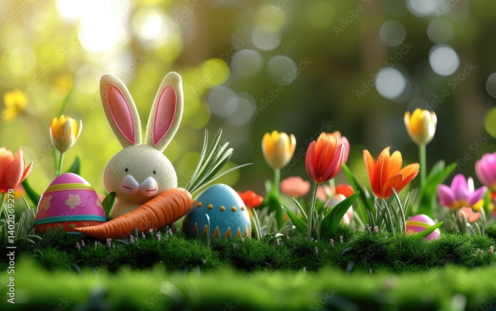 Easter Bunny With Eggs And Carrot In Spring Flowers