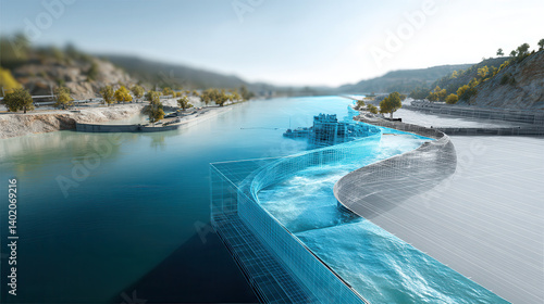 digital twin representation of hydropower dam highlights its design and functionality, showcasing renewable energy potential
