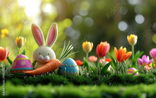Obraz na płótnie Easter Bunny With Eggs And Carrot In Spring Flowers w salonie