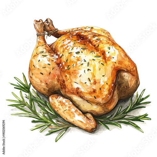 illustration of Roast Chicken With Rosemary Sprigs, watercolor vector, isolated on a white background.